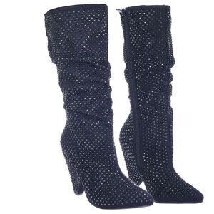 BAMBOO WOMEN'S RETRO RHINESTONE GLITTER BOOT ON CONE TAPERED HEEL G1